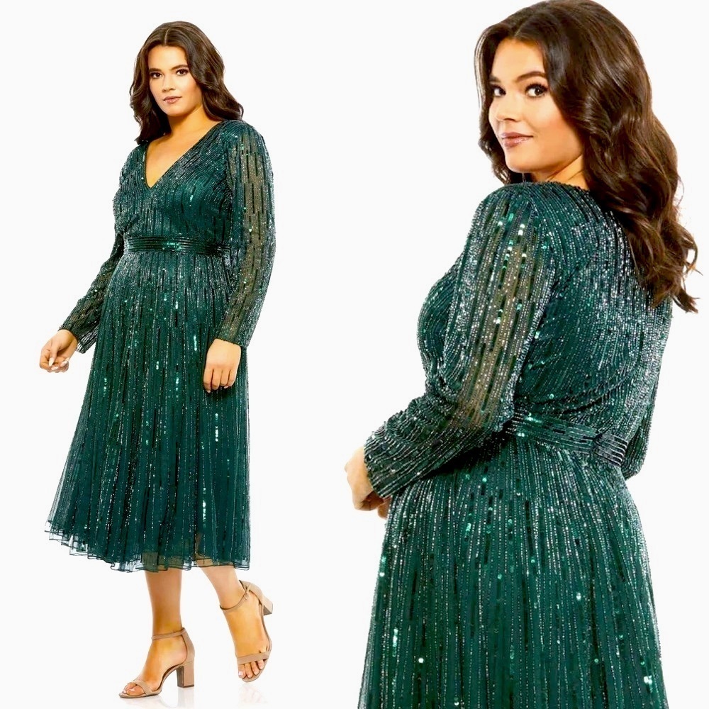NEW $598 MAC DUGGAL 5529 EMERALD GREEN SEQUIN MIDI DRESS 5529 Plus Size …